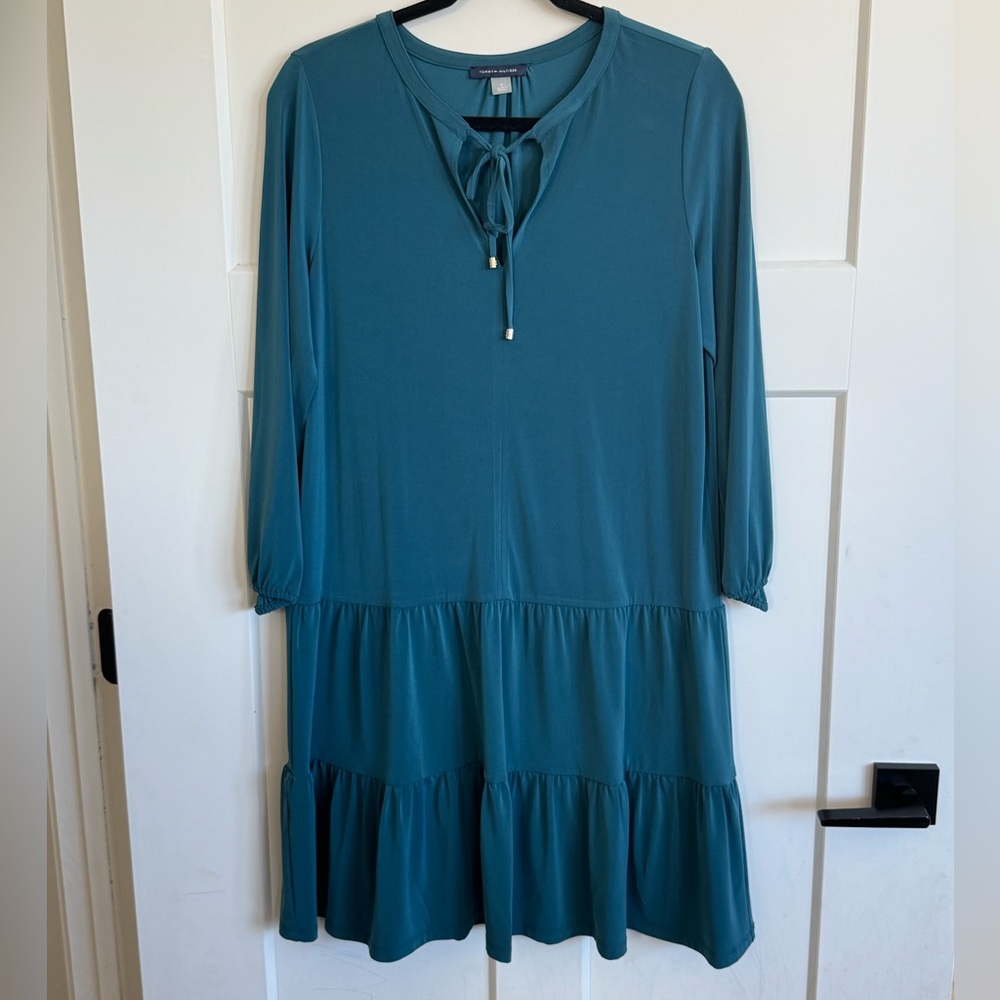 Tommy Hilfiger Teal Keyhole Neck Ruffle Hem Dress